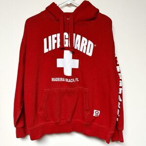 Lifeguard Hoodie Mens Adult L Large Red‎ Sweatshirt Madeira Beach Florida Surf